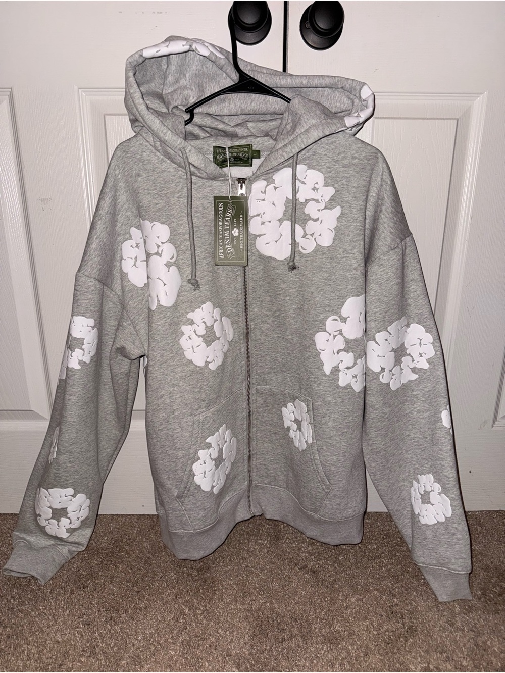 Denim Tears — Grey Zip-Up Hoodie with White Floral Prints